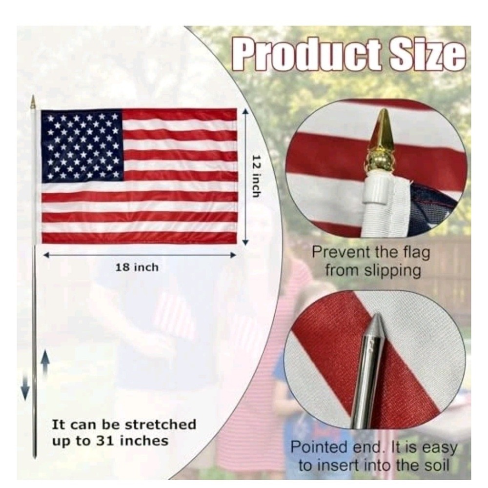 Small American Flag on Stick 3 Pcs 12x18 inch for 250th Anniversary 3‎ pack - Picture 4 of 7